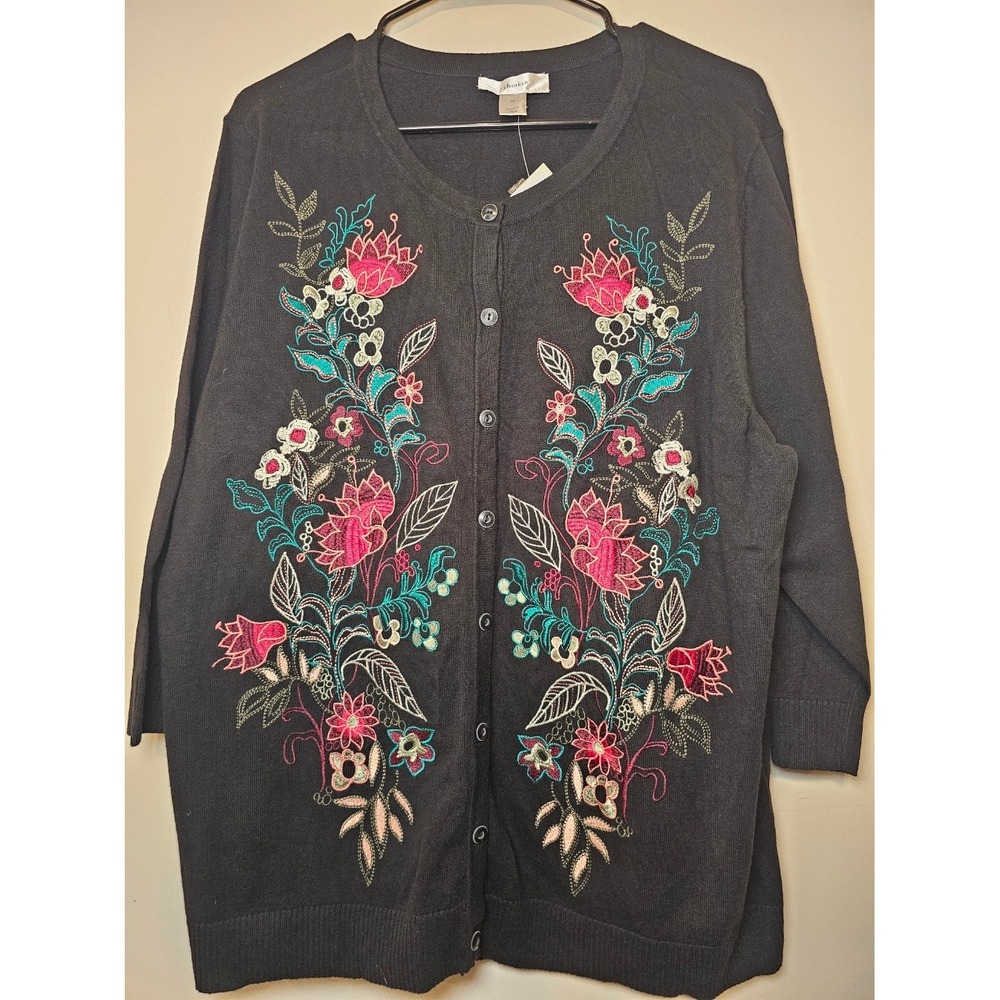 CJ Banks Black Floral Embroidered Button Front Cardigan Sweater 1X NWT - Picture 9 of 9